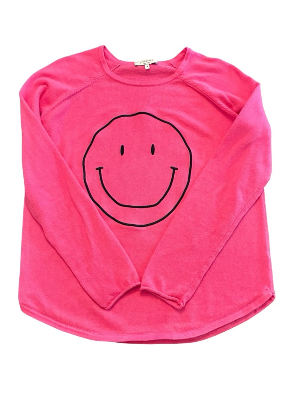 J. Society Hot Pink Long Sleeve Tee with Embroidered Smiley Face, Size Small.